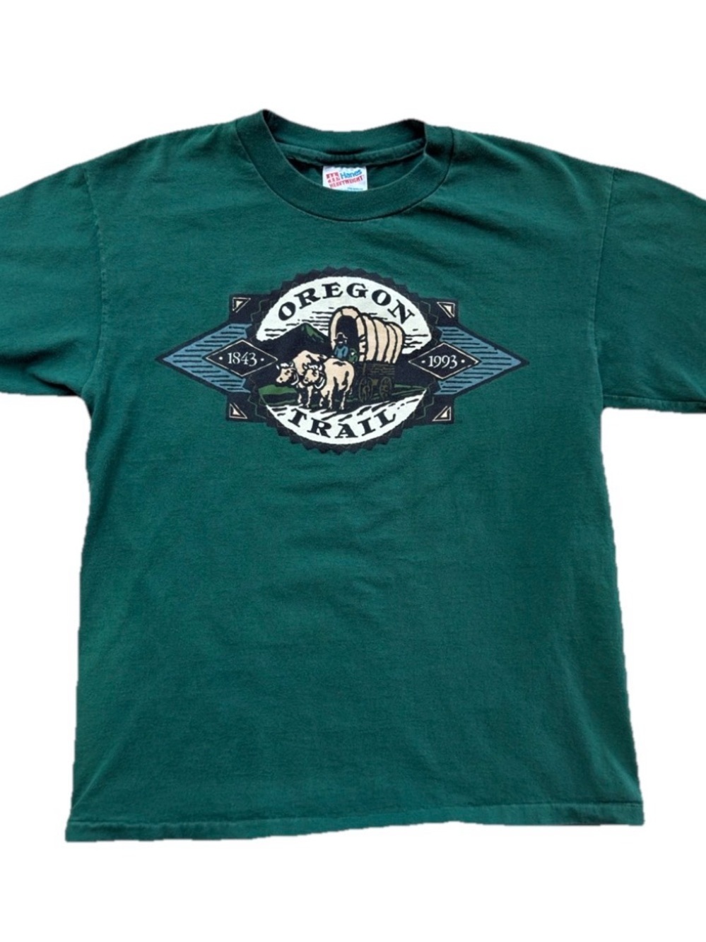 Vintage 90s Single Stitch Hanes Oregon Trail T-Shirt Green 100% Cotton USA S/M - Picture 2 of 9